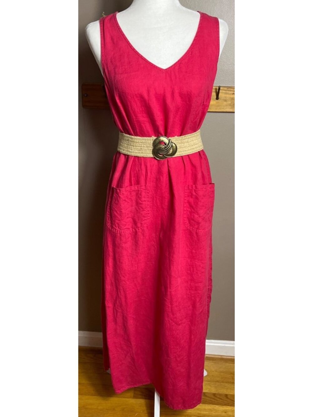 J Jill Red Linen Dress Maxi Casual Coastal Summer Festival Resort Pockets Wom S - Picture 7 of 10
